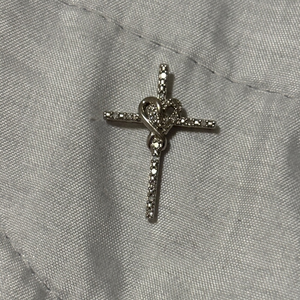 Silver Cross Diamond Pendant with Heart